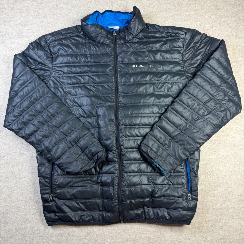 Columbia Mens Puffer Jacket XL Black Blue Full Zip Quilted Insulated Coat